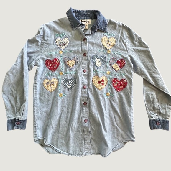 Teddi Tops - Teddi Vintage Heart Patchwork Chambray Denim Shirt Light Wash Cottagecore Small